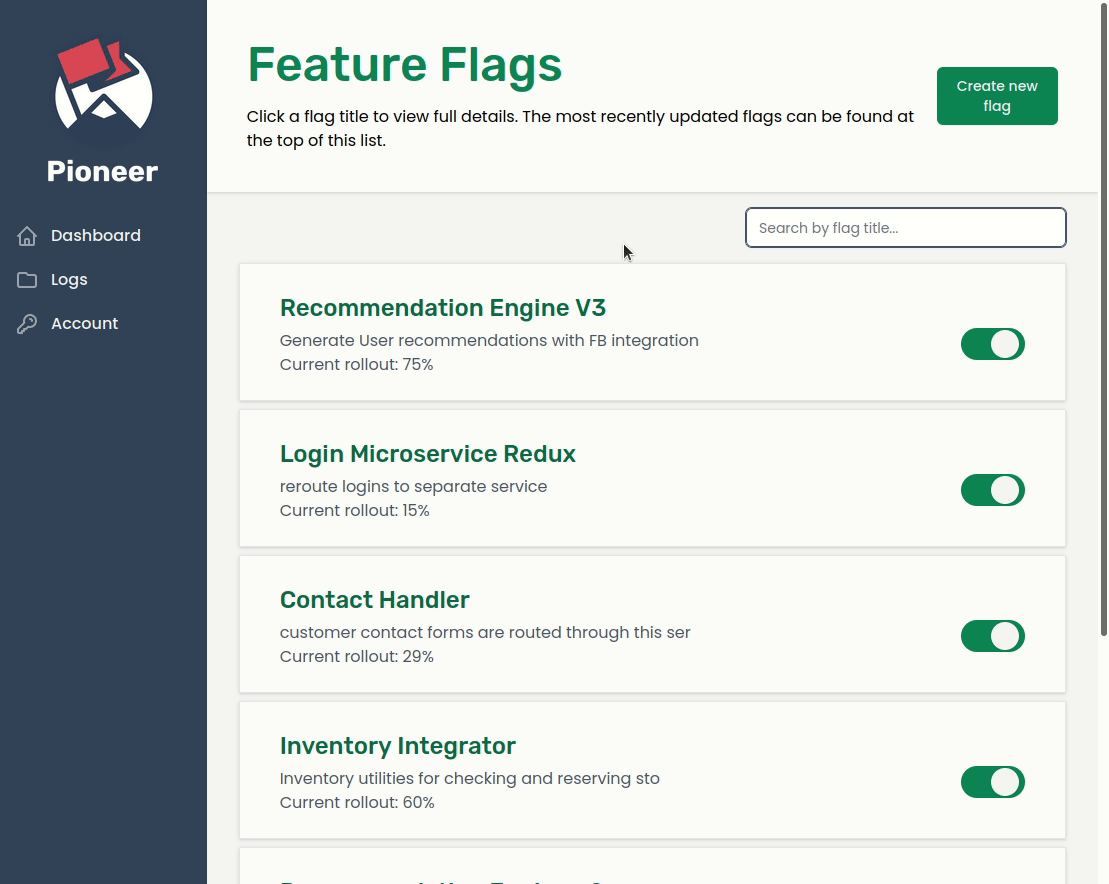 the pioneer ui shows how it is easy to view and filter all flags